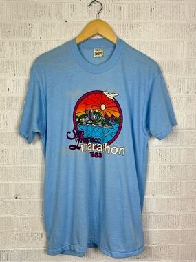 1983 San Francisco Marathon Blue Screen Stars Stained Glass Asics Tee T-Shirt XL
